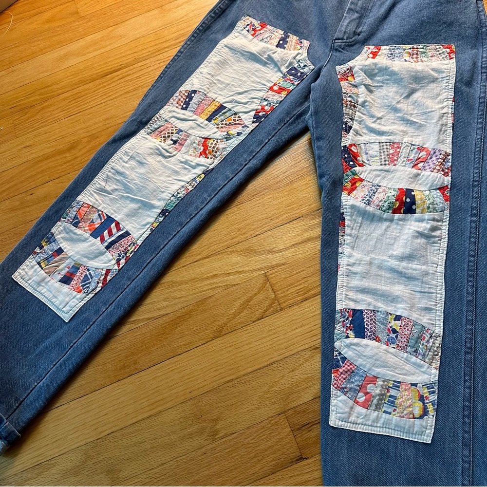 CARLEEN Patchwork Jeans One of a Kind vintage quilt Made in USA straight leg - Picture 3 of 12